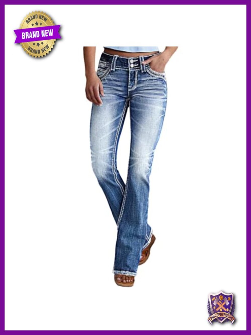 Mid Waisted Bootcut Jeans Stretchy Slim Double Button Flare Pants